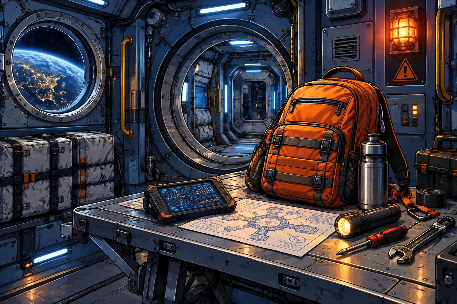 Orange maintenance backpack on a worktable aboard Space Station Aurora, with Earth visible through a window.