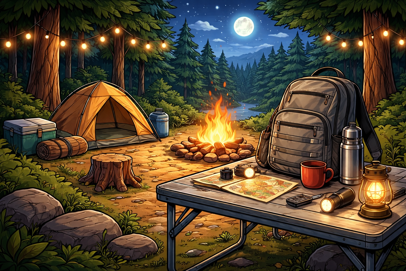 Illustrated Hiking Backpack on a camping table with outdoor adventure gear.