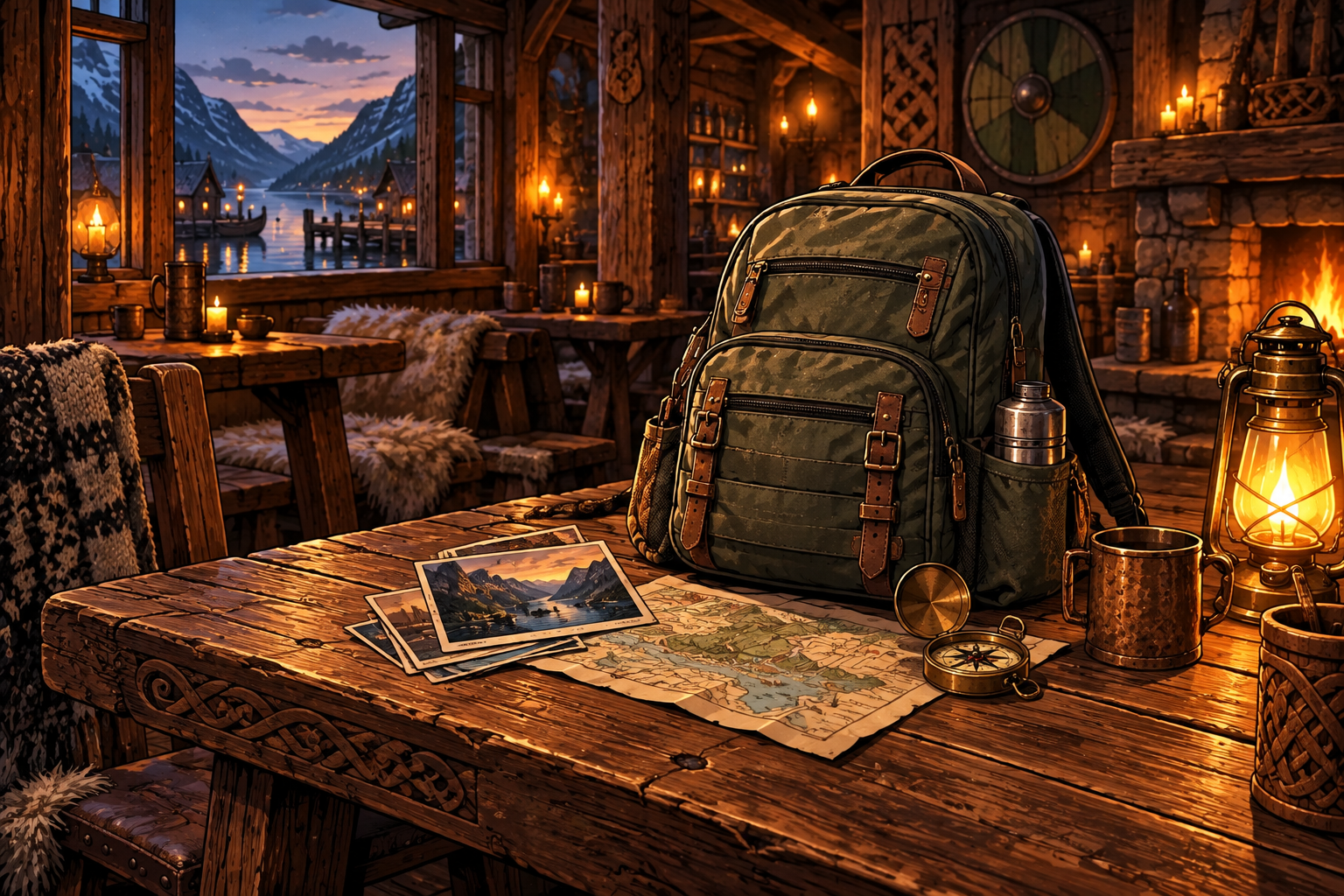 Rugged backpack, postcards and map on an old wooden pub table near a Nordic fjord.
