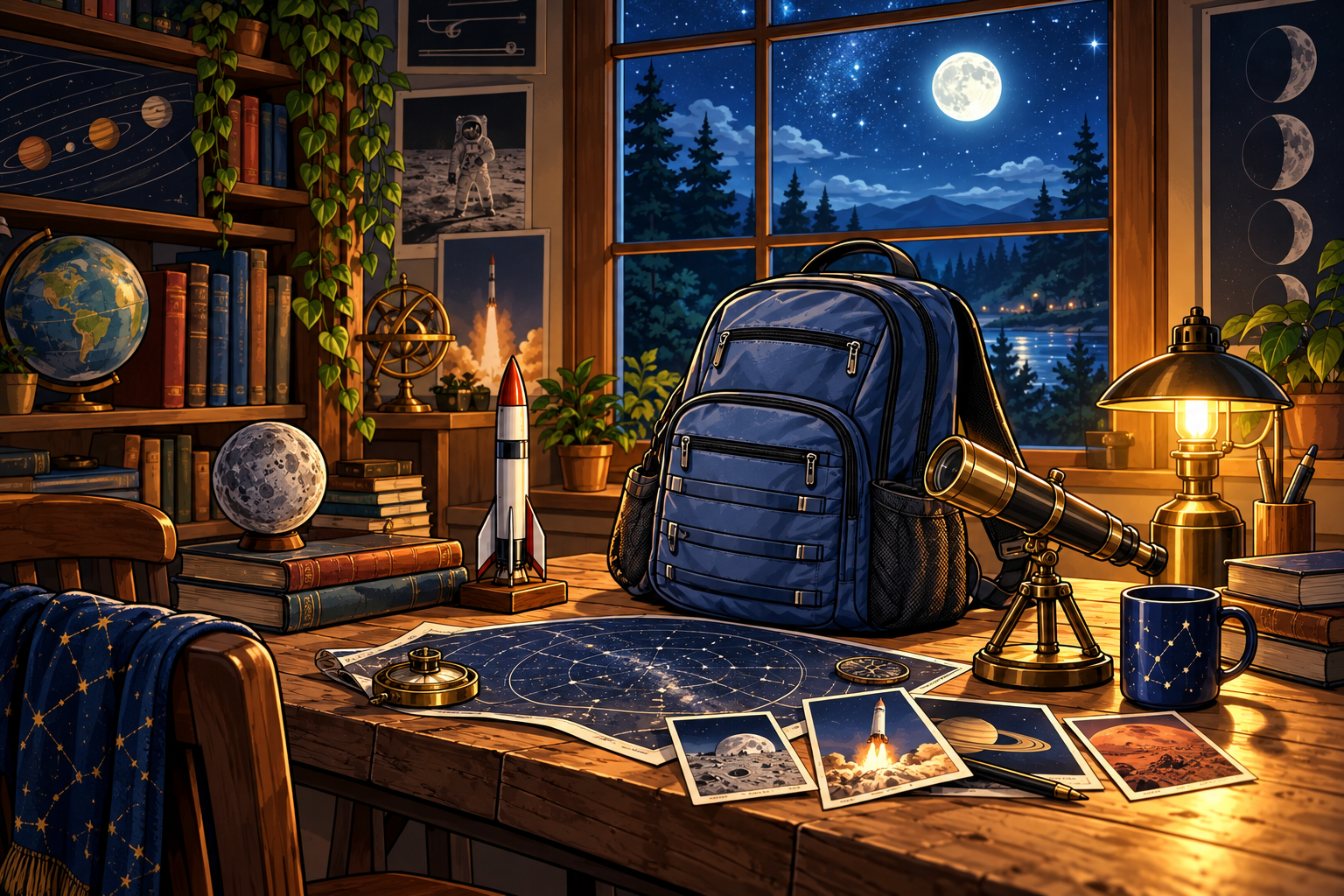 Explorer backpack, telescope and star chart on a workshop table beneath a night sky.